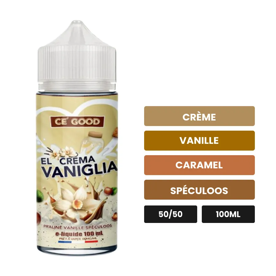 E-liquide El Crema Vaniglia de Ce'Good, 100 ml, saveurs crème, vanille, caramel et 2 autres, sans nicotine — prêt à booster.
