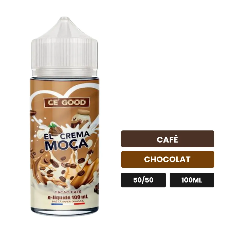 E-liquide El Crema Moca de Ce'Good, 100 ml, saveurs café et chocolat, sans nicotine — prêt à booster de nicotine.