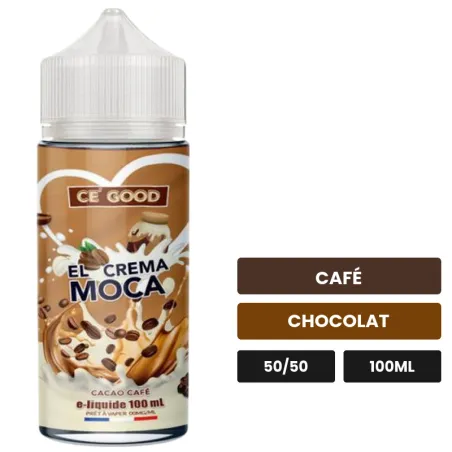 E-liquide El Crema Moca de Ce'Good, 100 ml, saveurs café et chocolat, sans nicotine — prêt à booster de nicotine.