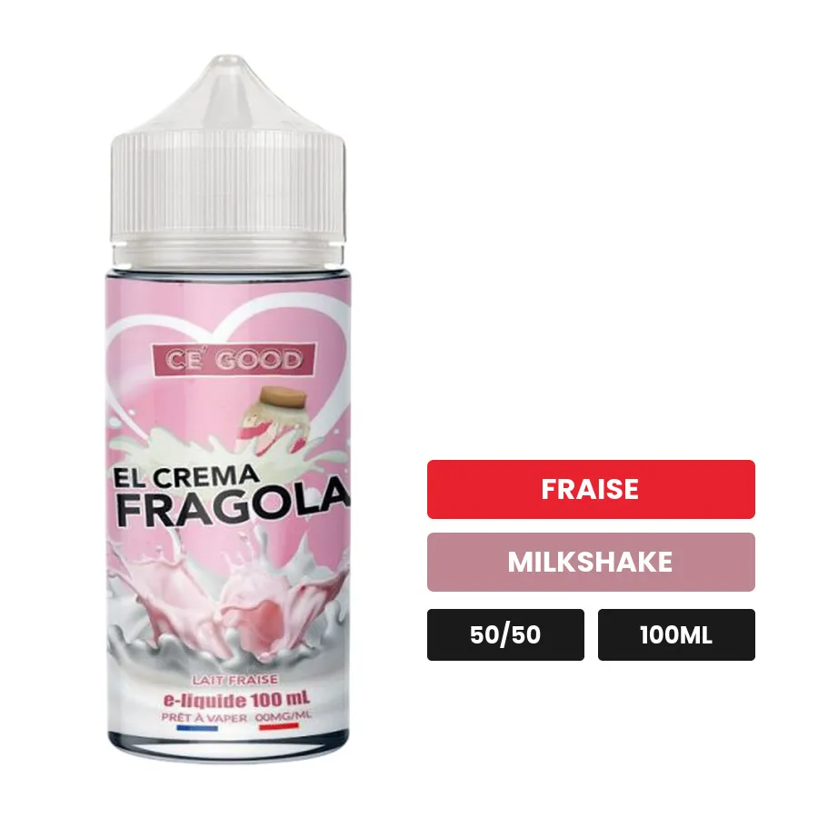 E-liquide El Crema Fragola de Ce'Good, 100 ml, saveurs fraise et milkshake, sans nicotine — prêt à booster de nicotine.