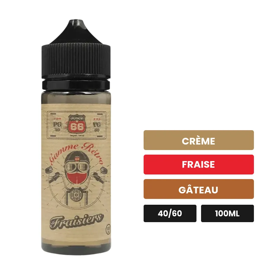 E-liquide Fraisiers Retro de Juice 66, 100 ml, saveurs crème, fraise et gâteau, sans nicotine — prêt à booster de nicotine.