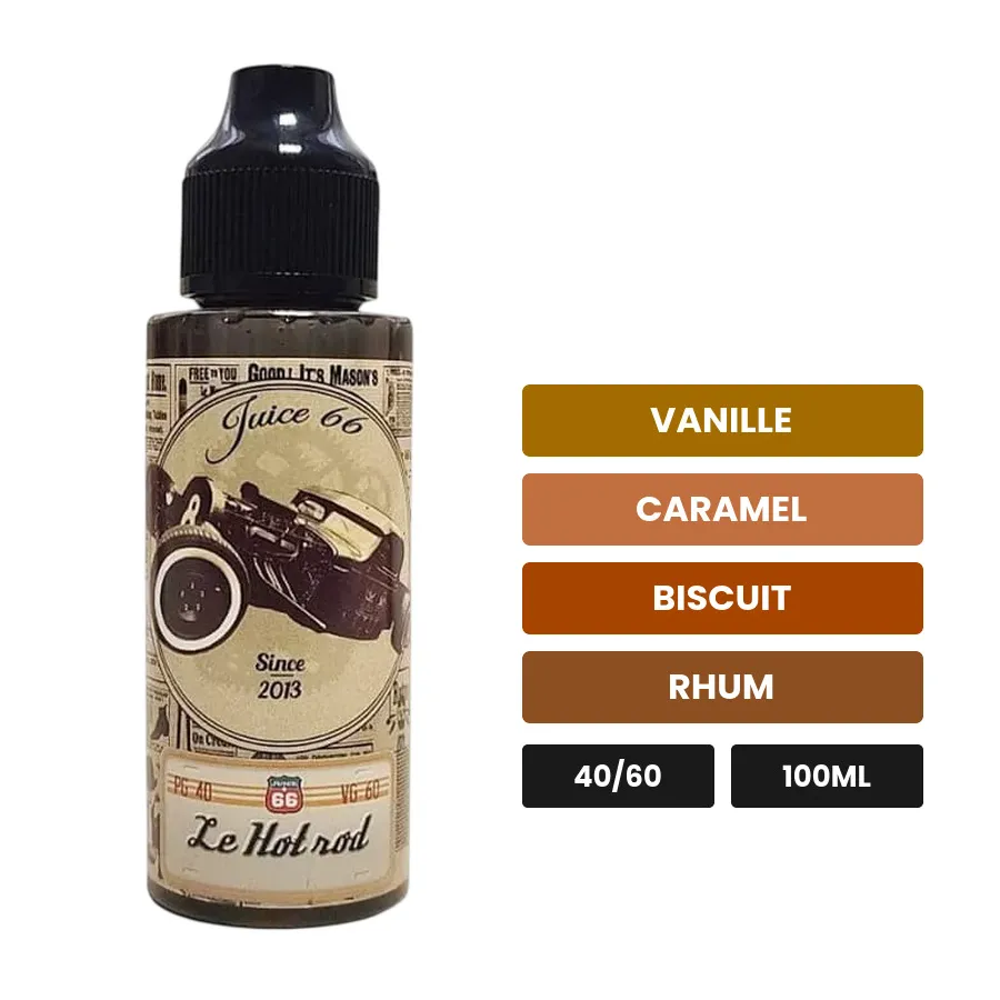 E-liquide Hot Rod Vintage de Juice 66, 100 ml, saveurs vanille, caramel, biscuit et 1 autre, sans nicotine — prêt à booster.