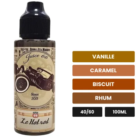 E-liquide Hot Rod Vintage de Juice 66, 100 ml, saveurs vanille, caramel, biscuit et 1 autre, sans nicotine — prêt à booster.