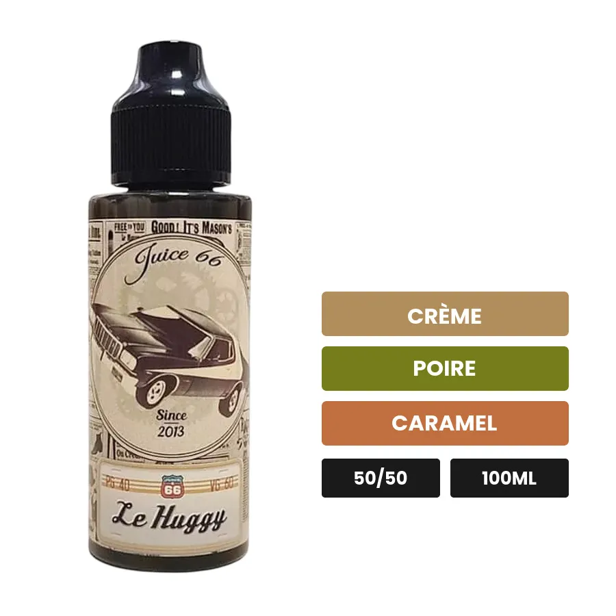 E-liquide Le Huggy Vintage de Juice 66, 100 ml, saveurs crème, poire et caramel, sans nicotine — prêt à booster de nicotine.