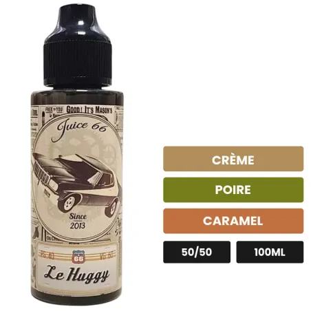 E-liquide Le Huggy Vintage de Juice 66, 100 ml, saveurs crème, poire et caramel, sans nicotine — prêt à booster de nicotine.