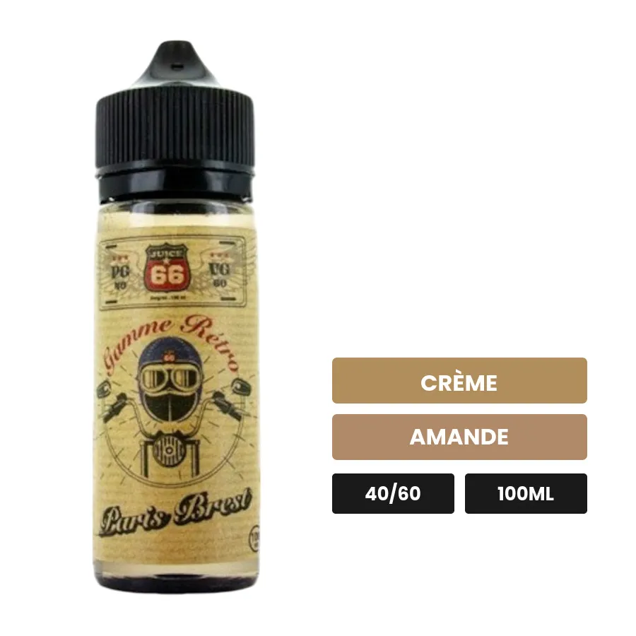 E-liquide Paris Brest Retro de Juice 66, 100 ml, saveurs crème et amande, sans nicotine — prêt à booster de nicotine.