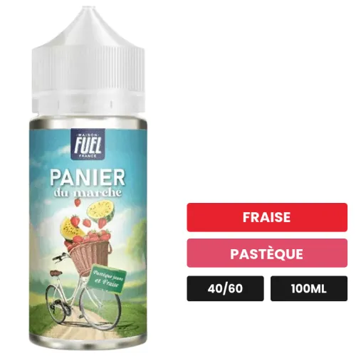 E-liquide Fraise Et Pastèque Jaune Panier Du Marché de Maison Fuel, 100 ml, saveurs fraise et pastèque, sans nicotine — prêt.