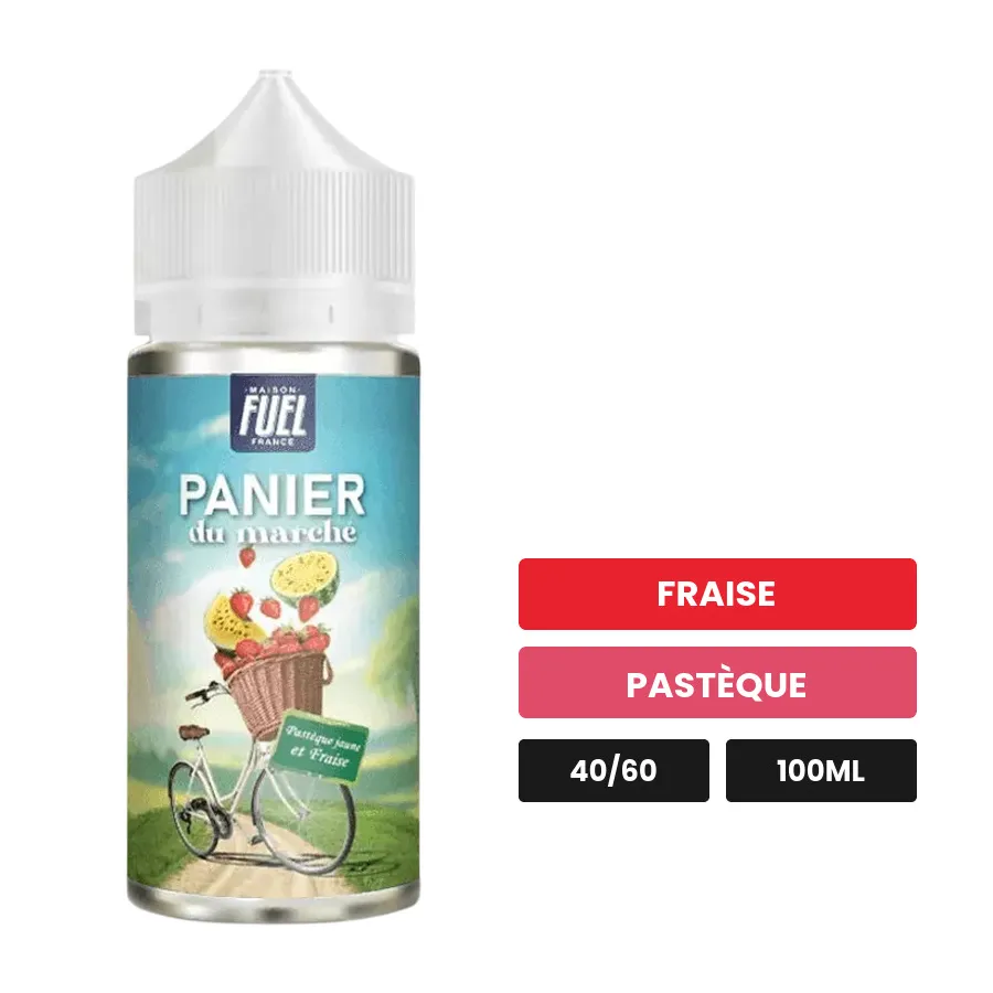 E-liquide Fraise Et Pastèque Jaune Panier Du Marché de Maison Fuel, 100 ml, saveurs fraise et pastèque, sans nicotine — prêt.