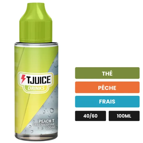 E-liquide Peach T de T-Juice, 100 ml, saveurs thé, pêche et frais, sans nicotine — prêt à booster de nicotine.