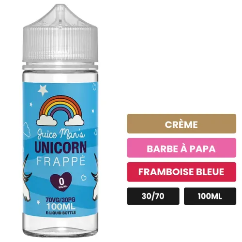 E-liquide Unicorn Frappé On Ice de Juice Man's, 100 ml, saveurs crème, barbe à papa et framboise bleue, sans nicotine — prêt.
