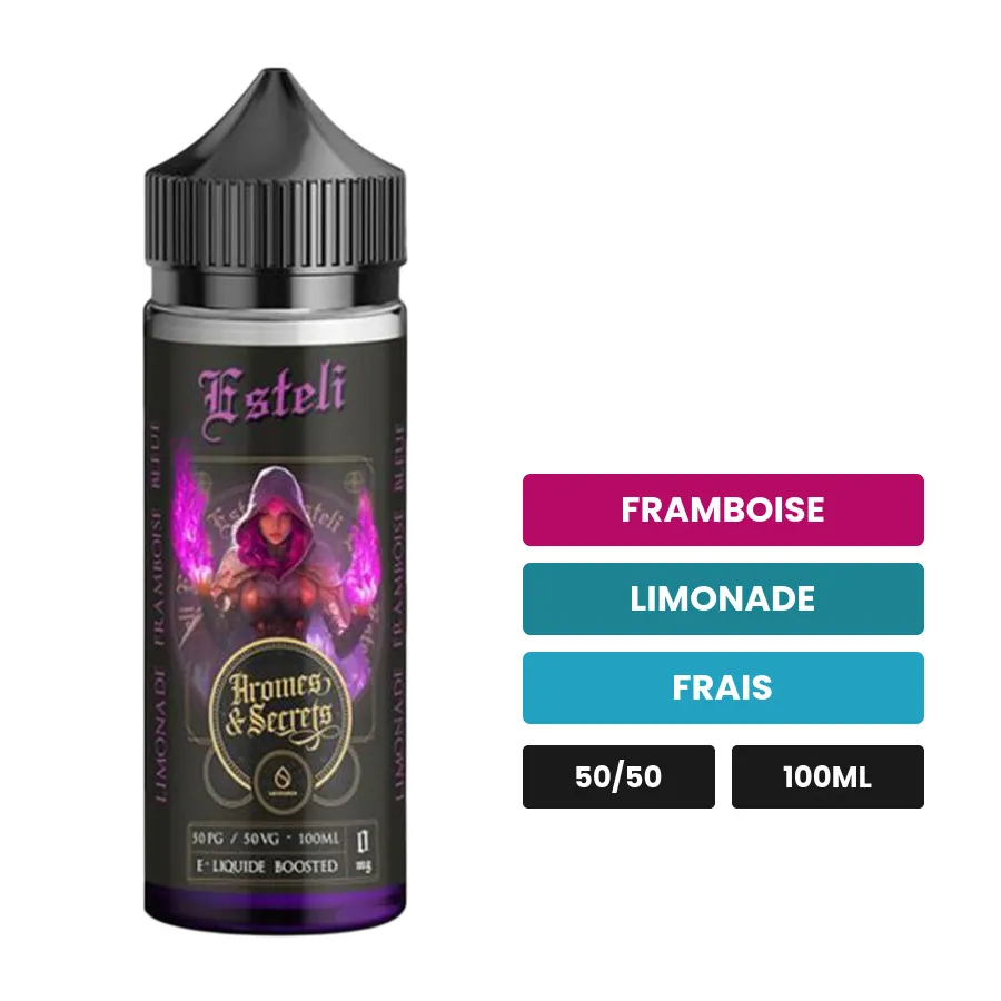 E-liquide Esteli d'Arômes & Secrets, 100 ml, saveurs framboise, limonade et frais, sans nicotine — prêt à booster de nicotine.
