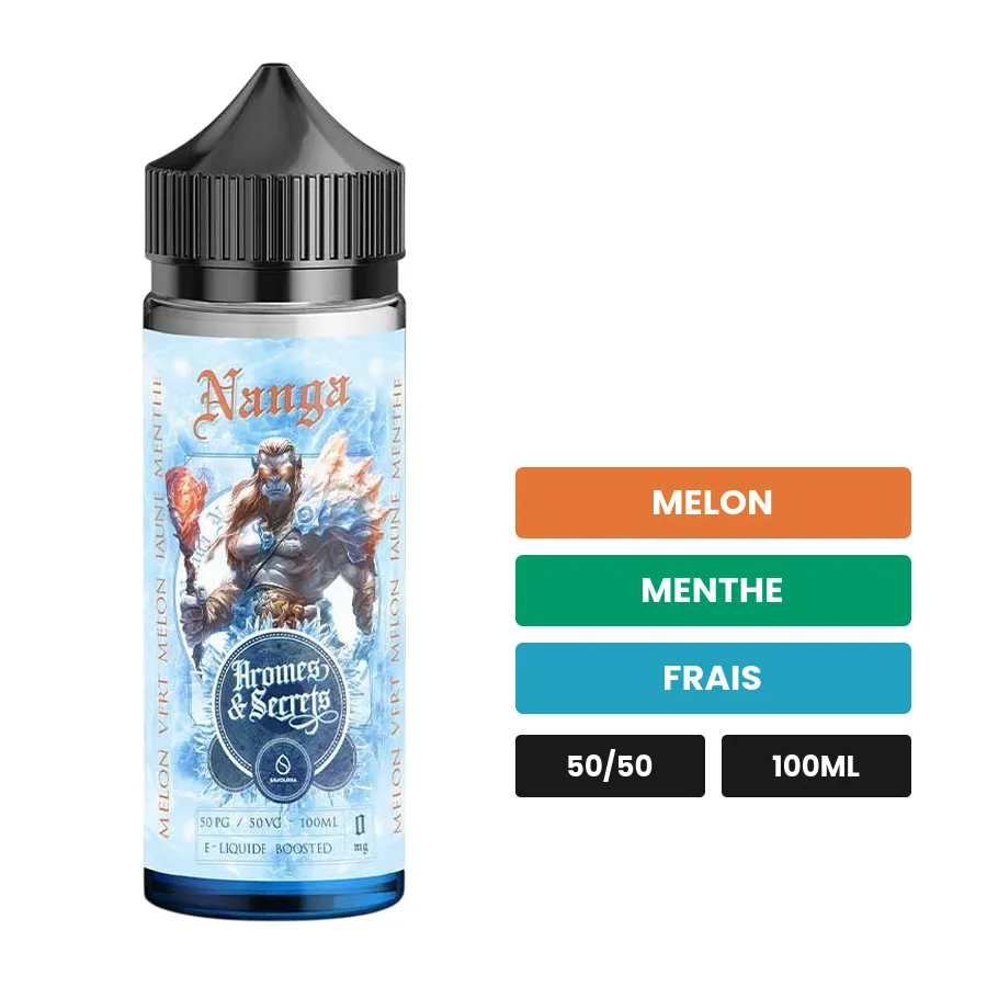 E-liquide Nanga, 100 ml, saveurs melon, menthe et frais, sans nicotine — prêt à booster de nicotine.