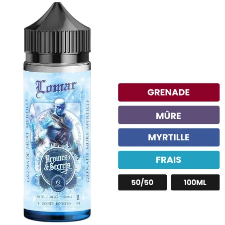 E-liquide Lomar de Savourea, 100 ml, saveurs grenade, mûre, myrtille et 1 autre, sans nicotine — prêt à booster de nicotine.
