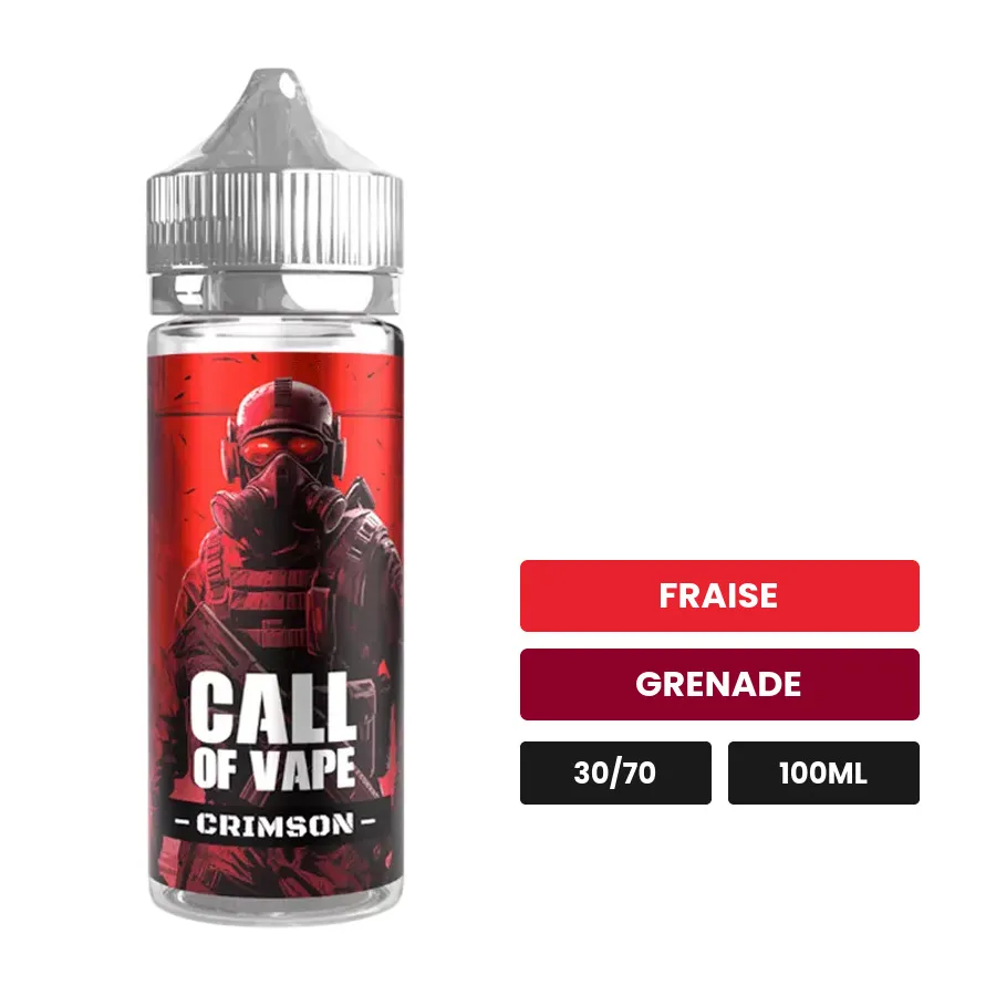 E-liquide Crimson de Call Of Vape, 100 ml, saveurs fraise et grenade, sans nicotine — prêt à booster de nicotine.