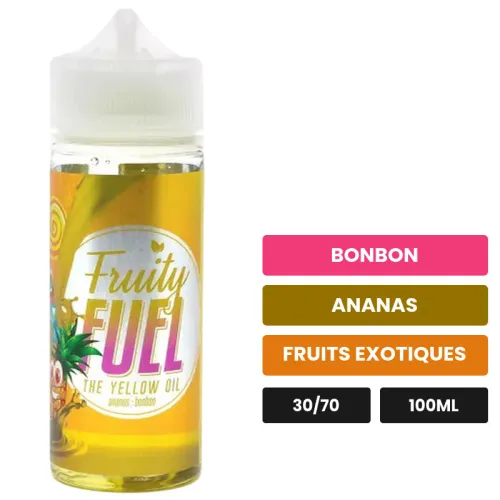 E-liquide The Yellow Oil de Maison Fuel, 100 ml, saveurs bonbon, ananas et fruits exotiques, sans nicotine — prêt à booster.