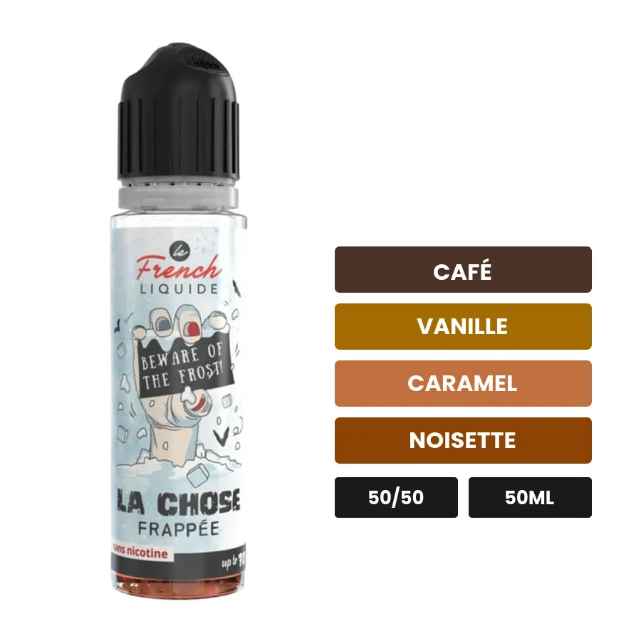 E-liquide La Chose Frappée de Le French Liquide, 50 ml, saveurs café, vanille, caramel et 2 autres.