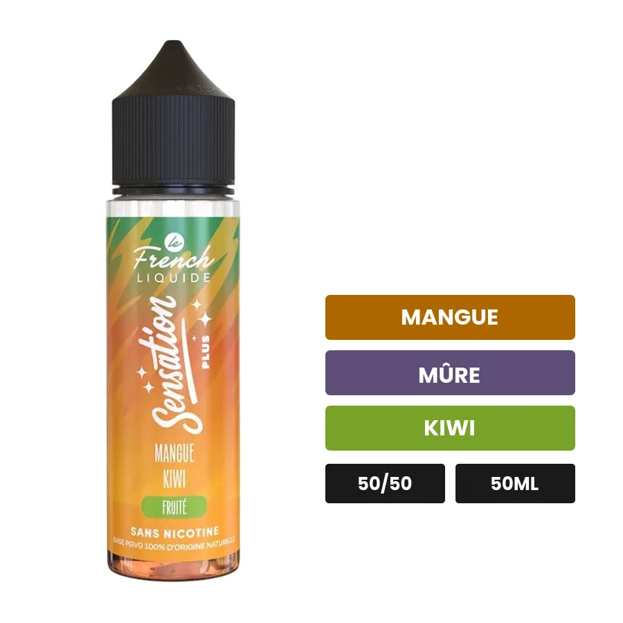 E-liquide Mangue Kiwi Plus de Le French Liquide, 50 ml, saveurs mangue, mûre et kiwi.