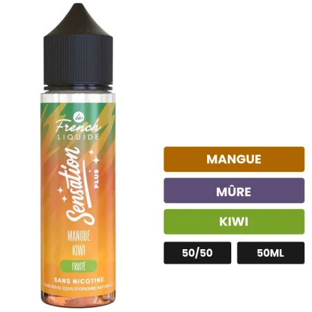 E-liquide Mangue Kiwi Plus de Le French Liquide, 50 ml, saveurs mangue, mûre et kiwi.