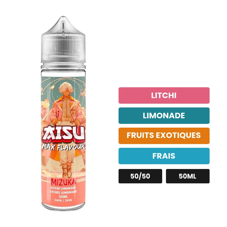 E-liquide Mizuka d'Aisu, 50 ml, saveurs litchi, limonade, fruits exotiques et 1 autre.