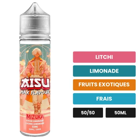 E-liquide Mizuka d'Aisu, 50 ml, saveurs litchi, limonade, fruits exotiques et 1 autre.