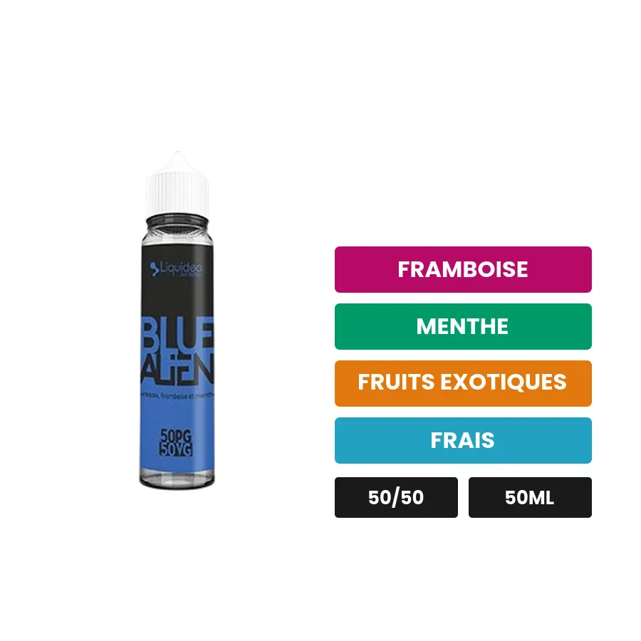 E-liquide Blue Alien de Liquideo, 50 ml, saveurs framboise, menthe, fruits exotiques et 1 autre.