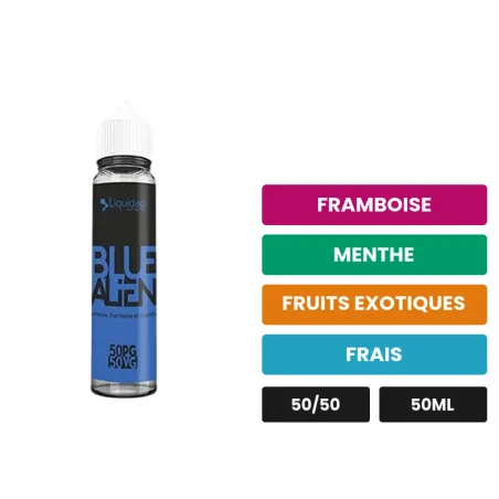 E-liquide Blue Alien de Liquideo, 50 ml, saveurs framboise, menthe, fruits exotiques et 1 autre.
