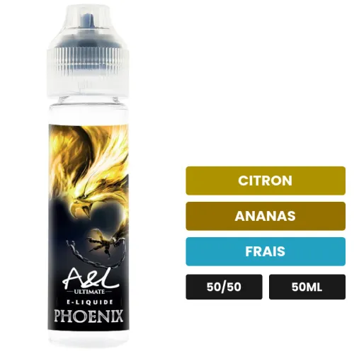 E-liquide Phoenix d'A&l, 50 ml, saveurs citron, ananas et frais, sans nicotine — prêt à booster de nicotine.