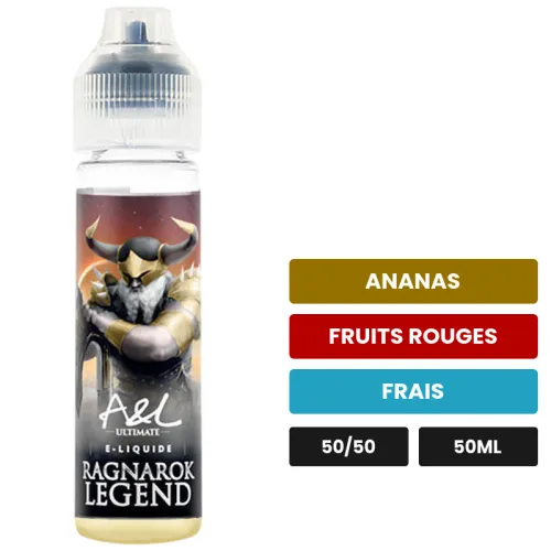 E-liquide Ragnarok Legend d'A&l, 50 ml, saveurs ananas, fruits rouges et frais, sans nicotine — prêt à booster de nicotine.