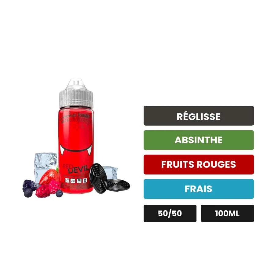 E-liquide Red Devil d'Avap, 100 ml, saveurs réglisse, absinthe, fruits rouges et 1 autre, sans nicotine — prêt à booster de.