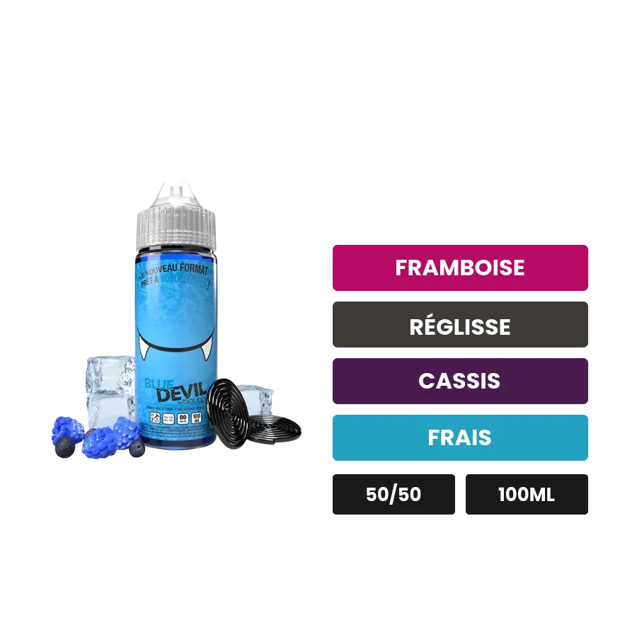 E-liquide Blue Devil d'Avap, 100 ml, saveurs framboise, réglisse, cassis et 1 autre, sans nicotine — prêt à booster de.