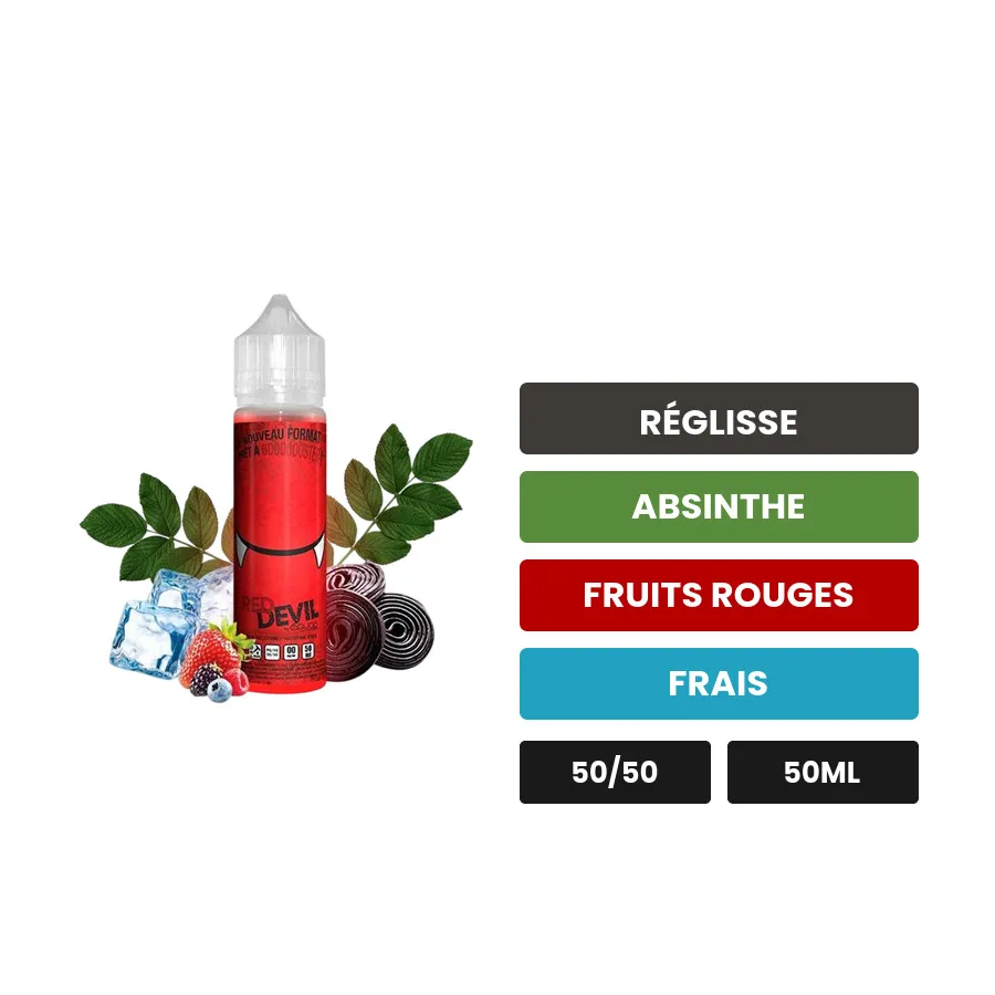 E-liquide Red Devil d'Avap, 50 ml, saveurs réglisse, absinthe, fruits rouges et 1 autre, sans nicotine — prêt à booster de.