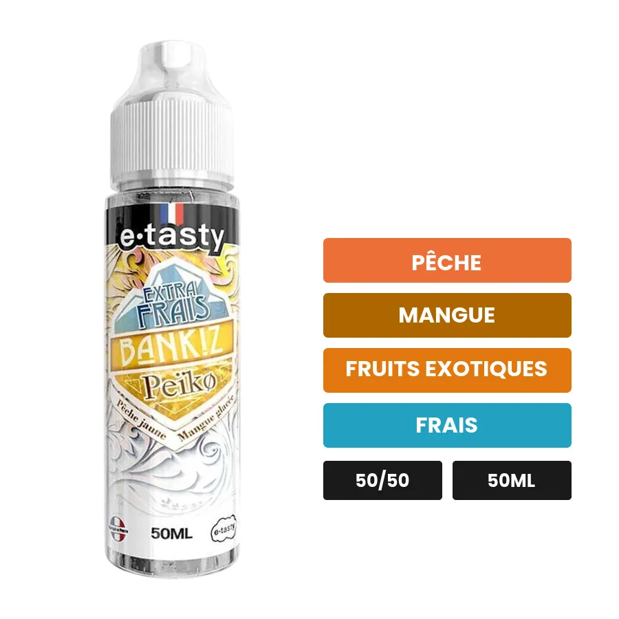 E-liquide Peiko Extra Frais d'E.Tasty, 50 ml, saveurs pêche, mangue, fruits exotiques et 1 autre.