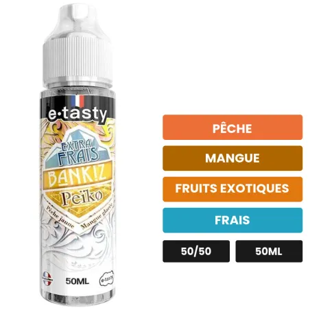 E-liquide Peiko Extra Frais d'E.Tasty, 50 ml, saveurs pêche, mangue, fruits exotiques et 1 autre.