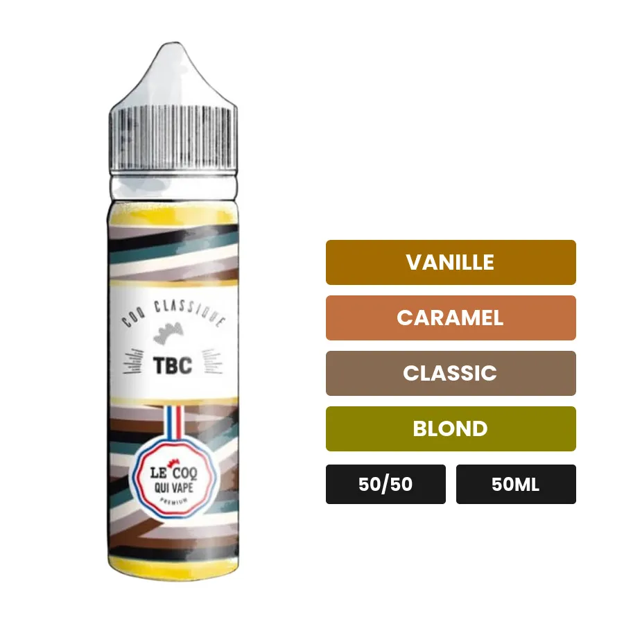 E-liquide Tbc de Le Coq Qui Vape, 50 ml, saveurs vanille, caramel, classic et 1 autre.