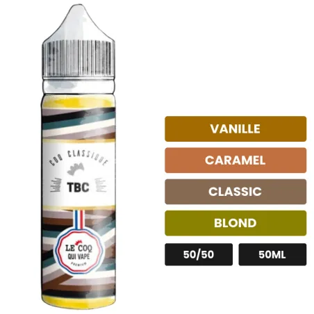 E-liquide Tbc de Le Coq Qui Vape, 50 ml, saveurs vanille, caramel, classic et 1 autre.
