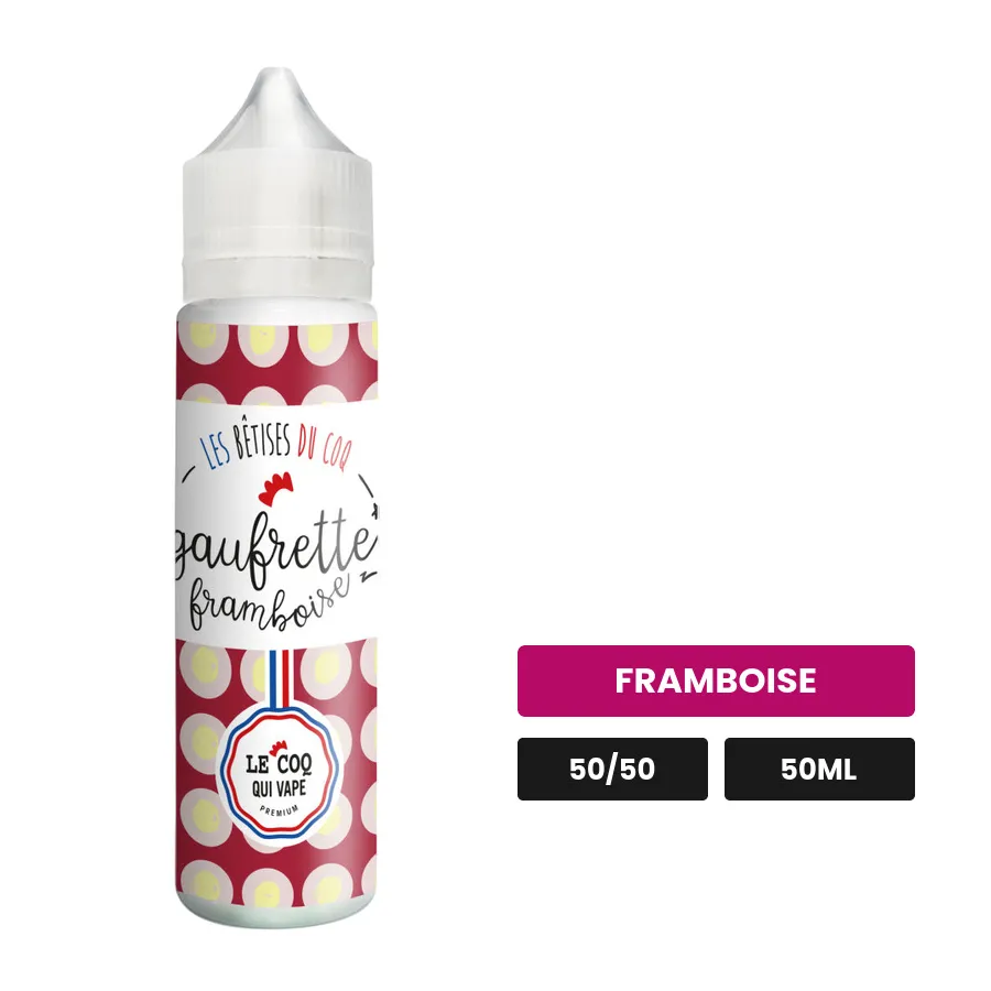 E-liquide Gaufrette Framboise de Le Coq Qui Vape, 50 ml, saveur framboise, sans nicotine — prêt à booster de nicotine.