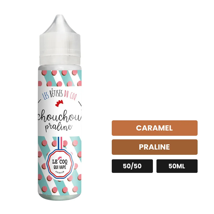 E-liquide Chouchou Praline de Le Coq Qui Vape, 50 ml, saveurs caramel et praline.
