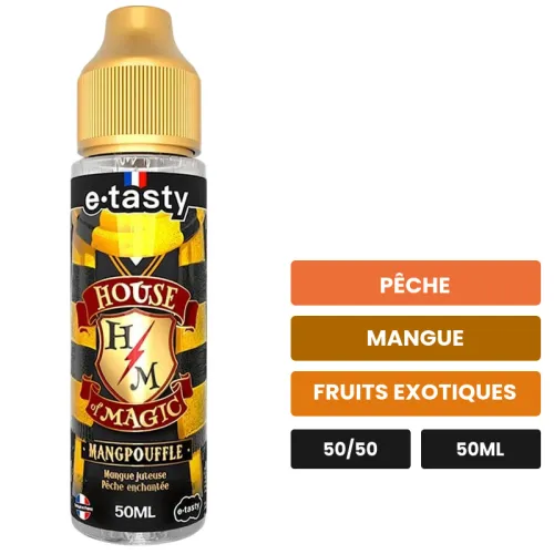 E-liquide Mangpouffle d'E.Tasty, 50 ml, saveurs pêche, mangue et fruits exotiques.