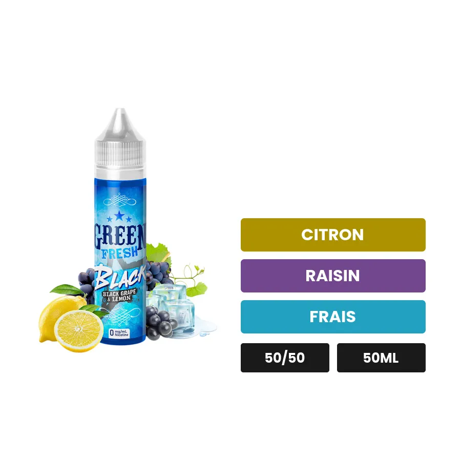 E-liquide Black X d'Eliquid France, 50 ml, saveurs citron, raisin et frais.