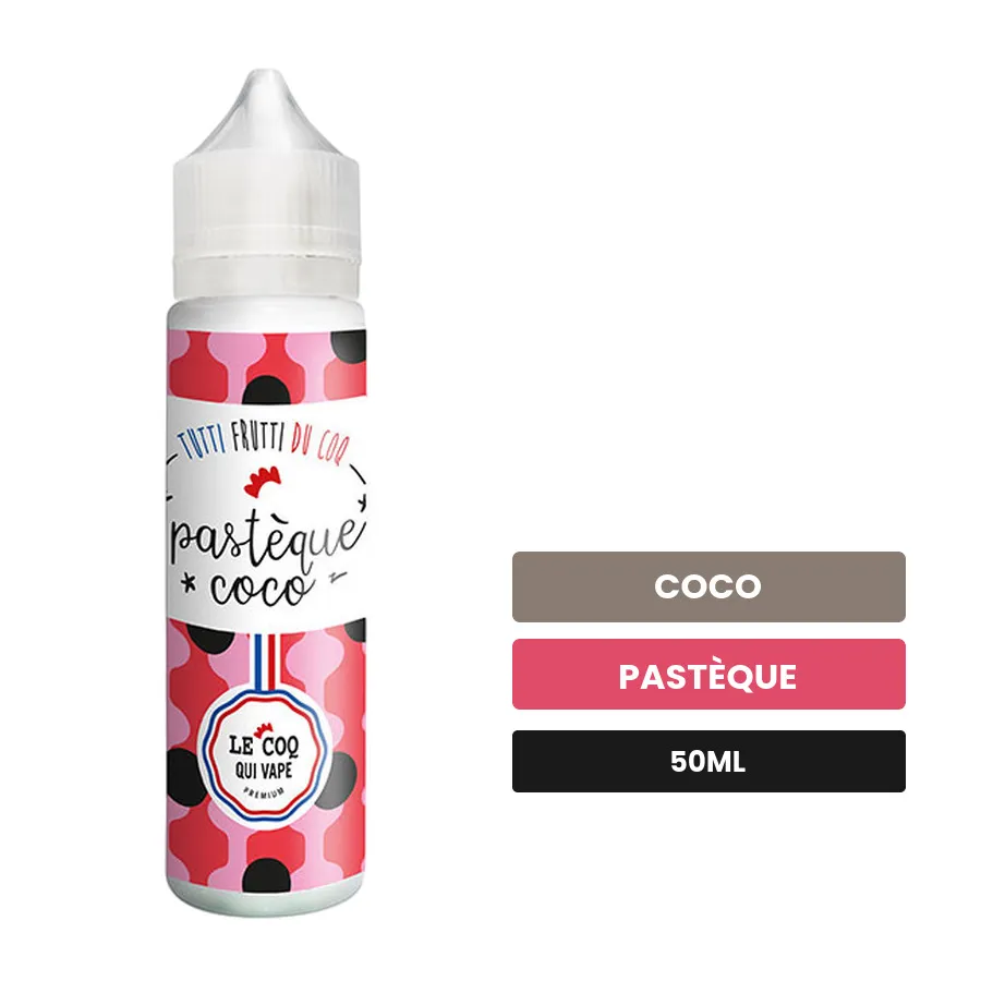 E-liquide Pastèque Coco de Le Coq Qui Vape, 50 ml, saveurs coco et pastèque, sans nicotine — prêt à booster de nicotine.