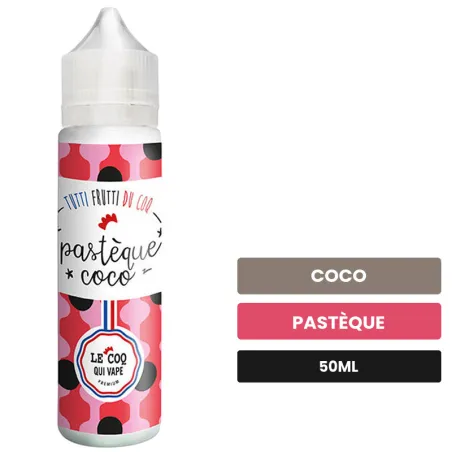 E-liquide Pastèque Coco de Le Coq Qui Vape, 50 ml, saveurs coco et pastèque, sans nicotine — prêt à booster de nicotine.