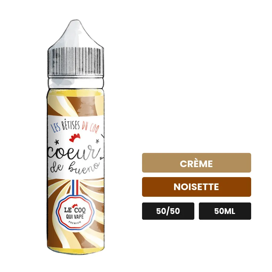 E-liquide Coeur De Bueno de Le Coq Qui Vape, 50 ml, saveurs crème et noisette, sans nicotine — prêt à booster de nicotine.