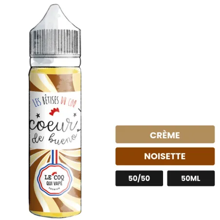 E-liquide Coeur De Bueno de Le Coq Qui Vape, 50 ml, saveurs crème et noisette, sans nicotine — prêt à booster de nicotine.