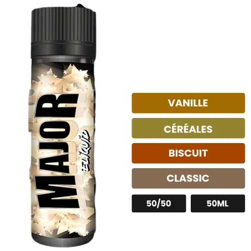 E-liquide Major d'Eliquid France, 50 ml, saveurs vanille, céréales, biscuit et 1 autre.