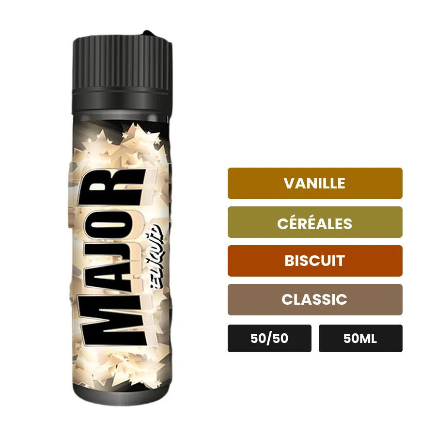 E-liquide Major d'Eliquid France, 50 ml, saveurs vanille, céréales, biscuit et 1 autre.