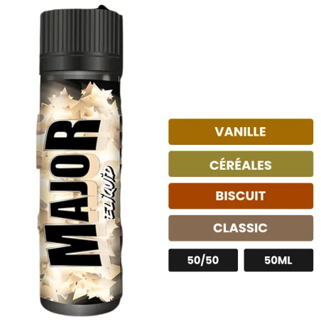 E-liquide Major d'Eliquid France, 50 ml, saveurs vanille, céréales, biscuit et 1 autre.