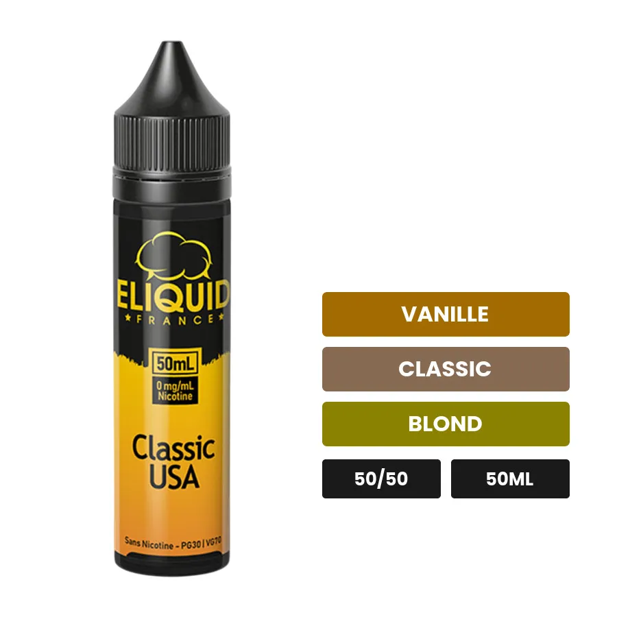 E-liquide Classic USA d'Eliquid France, 50 ml, saveurs vanille, classic et blond, sans nicotine — prêt à booster de nicotine.