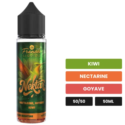 E-liquide Nectarine Goyave Kiwi de Le French Liquide, 50 ml, saveurs kiwi, nectarine et goyave, sans nicotine — prêt à.