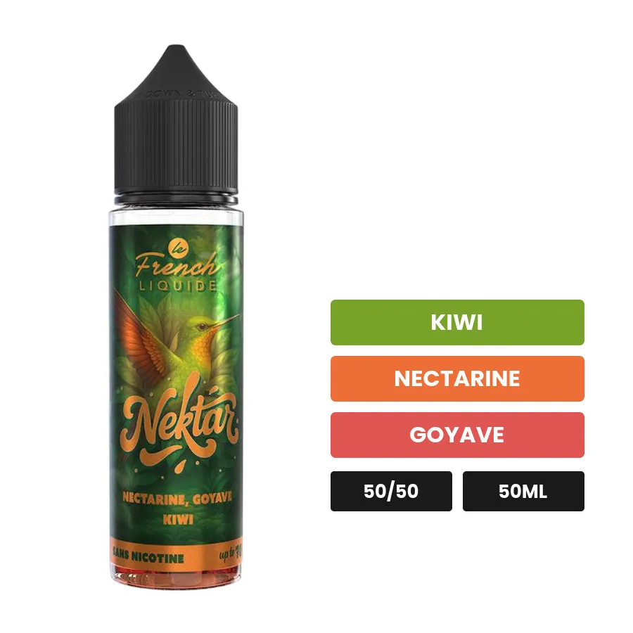 E-liquide Nectarine Goyave Kiwi de Le French Liquide, 50 ml, saveurs kiwi, nectarine et goyave, sans nicotine — prêt à.