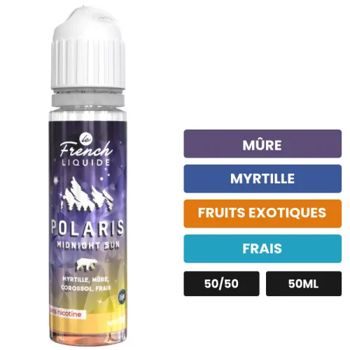 E-liquide Midnight Sun de Le French Liquide, 50 ml, saveurs mûre, myrtille, fruits exotiques et 1 autre, sans nicotine —.